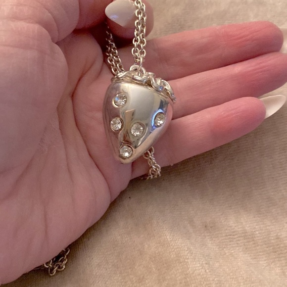 ✅Silver plated finish strawberry pendant w/ CZ stones, long chain necklace - Picture 4 of 4